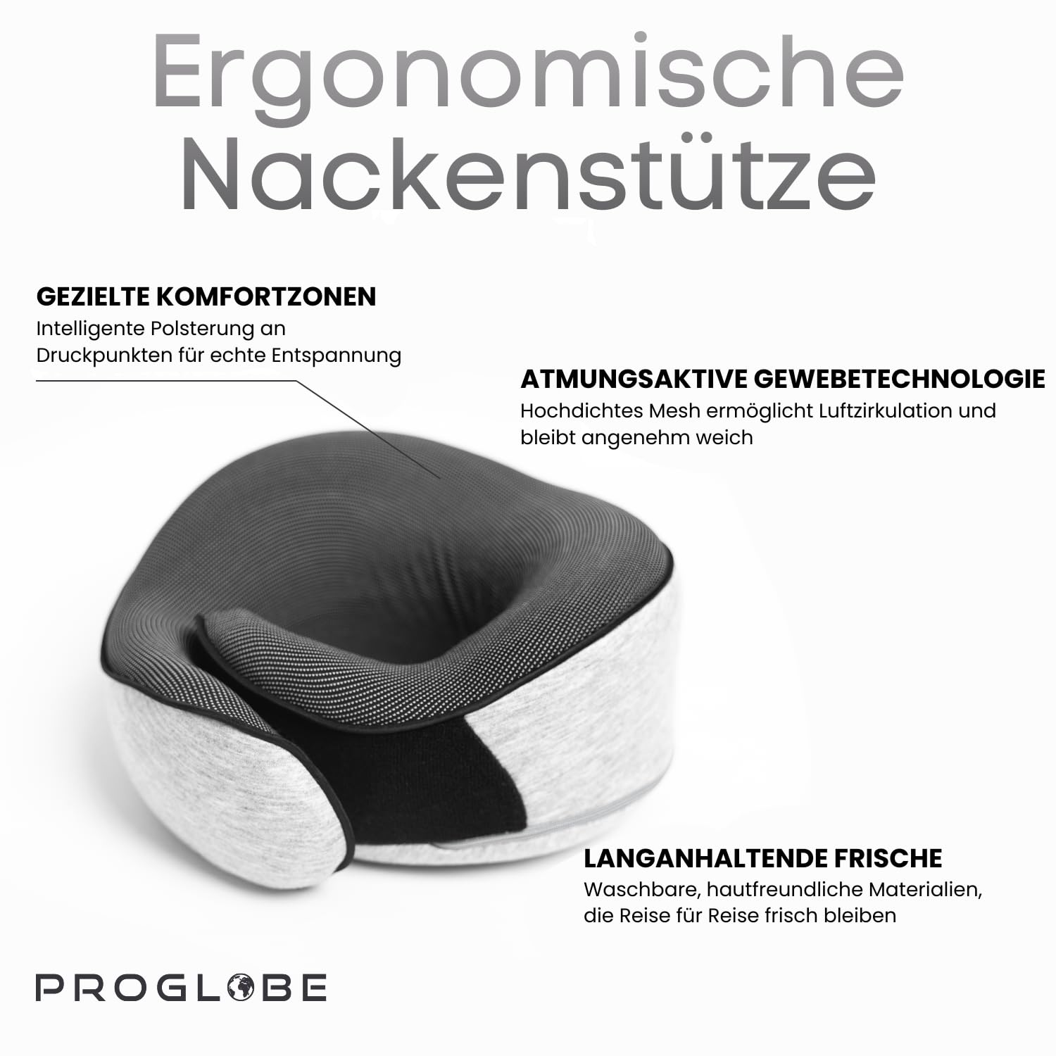 Proglobe Nackenkissen Flugzeug, Reisekissen 100% Memory Foam, Orthopädisches Nackenhörnchen, Ideal für Reisen mit Flugzeug, Auto, Zug Mit 3D-Schlafmaske, Hochwertige Netztasche, Grau 3