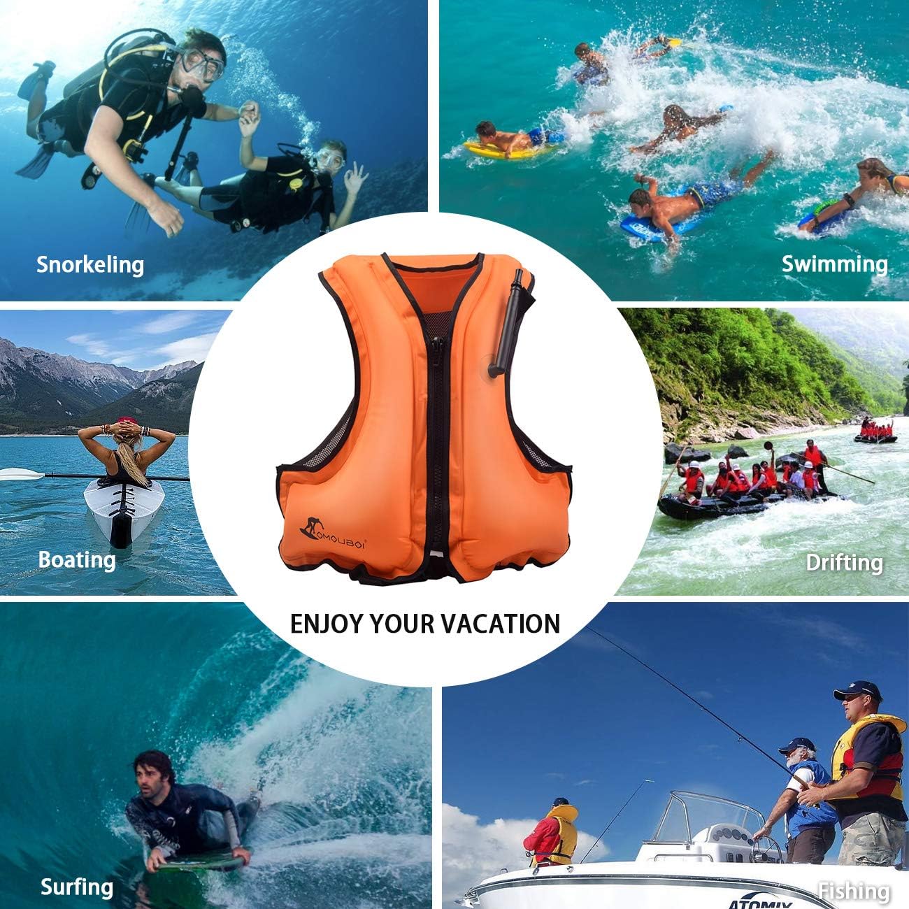 OMOUBOI Floatage Jackets Adult Lightweight Inflatable Snorkel Vest with Adjustable Leg Straps for Men Women Suitable for 90-220lbs for Outdoor Water Sports (Orange): Sports & Outdoors
