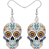 NEWEI Acrylic Horror Halloween Sugar Skull Dangle Earrings Gifts for Women, Mexican Day of Dead Style, Spooky Gothic Rose Quirky Halloween Costume Jewelry