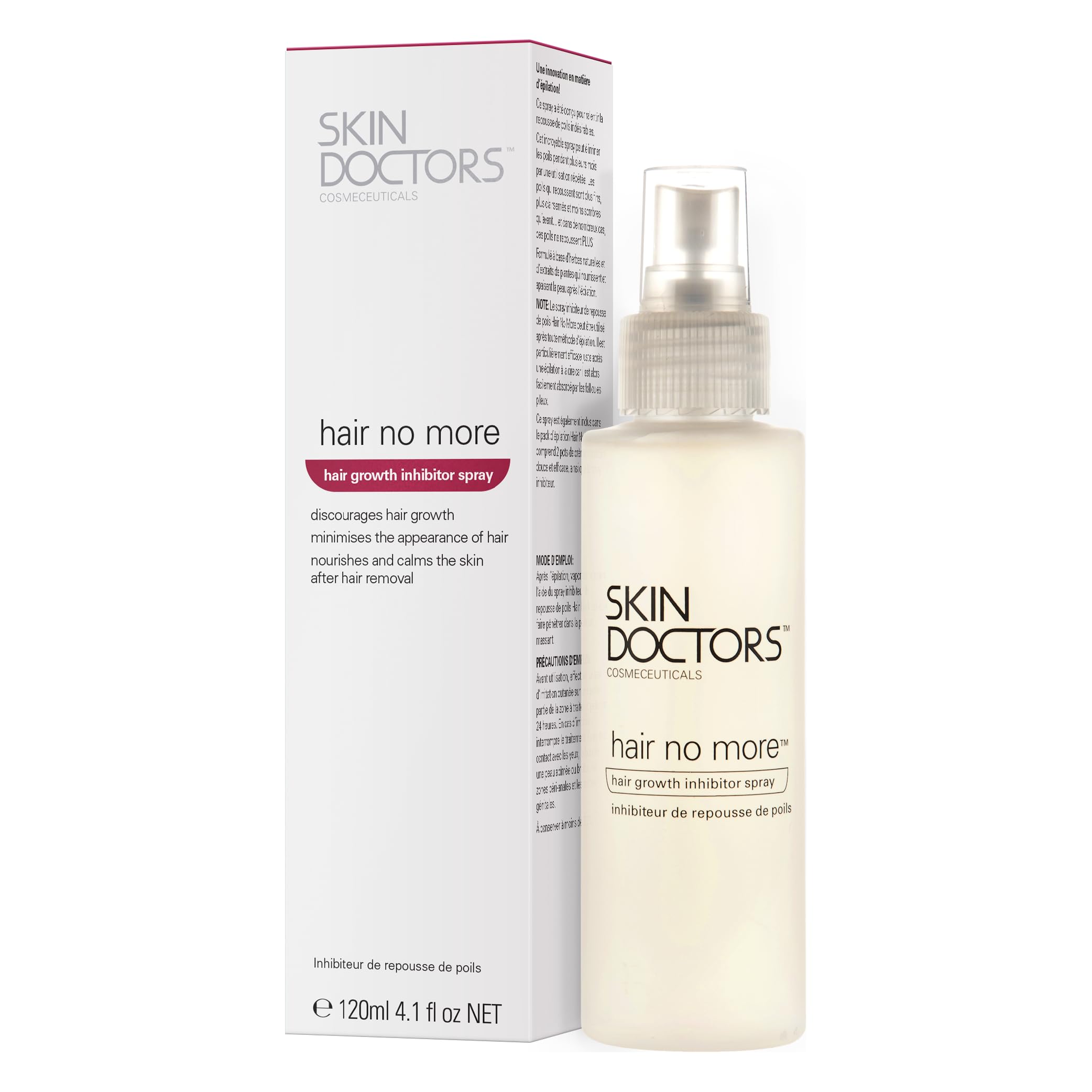 Skin Doctors Hair No More Inhibitor Spray, painless hair removal, after shaving, waxing, epilating, slows hair growth and nourishes the skin. For use on legs, bikini line, underarm and face - 120ml