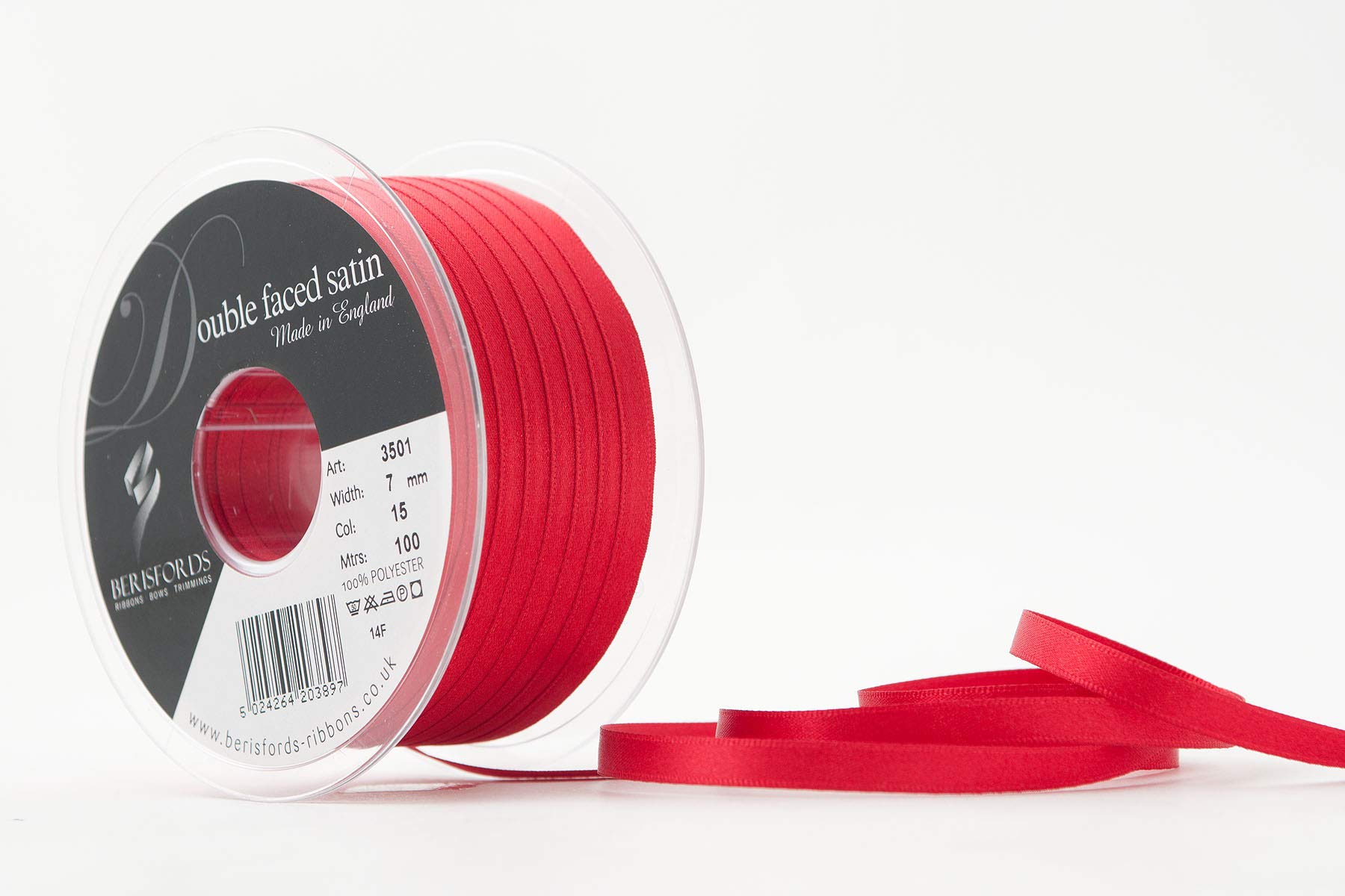 Berisfords 7 mm x 100 m Double Faced Satin Ribbon, Red