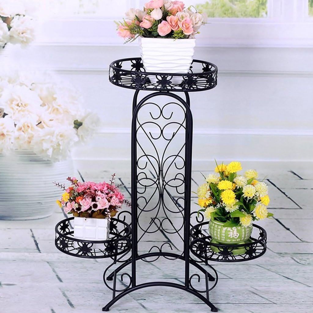 TLH HZH Wrought Iron Fashion Four-foot Landing Flower Racks Rustic Rack Antique Classical Multilayer Green Planter Rack (Color : Black)
