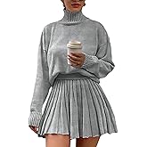 Jenisso Women's 2 Piece Outfits Turtleneck Long Sleeve Oversized Pullover Sweaters and Pleated Mini Skirt Two Piece Sets