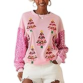 Cjfdfy Women's Crewneck Pullover Sweatshirt with Sequin Sleeve, Trendy Fall Winter Casual&Holiday Sparkly Giltter Tops