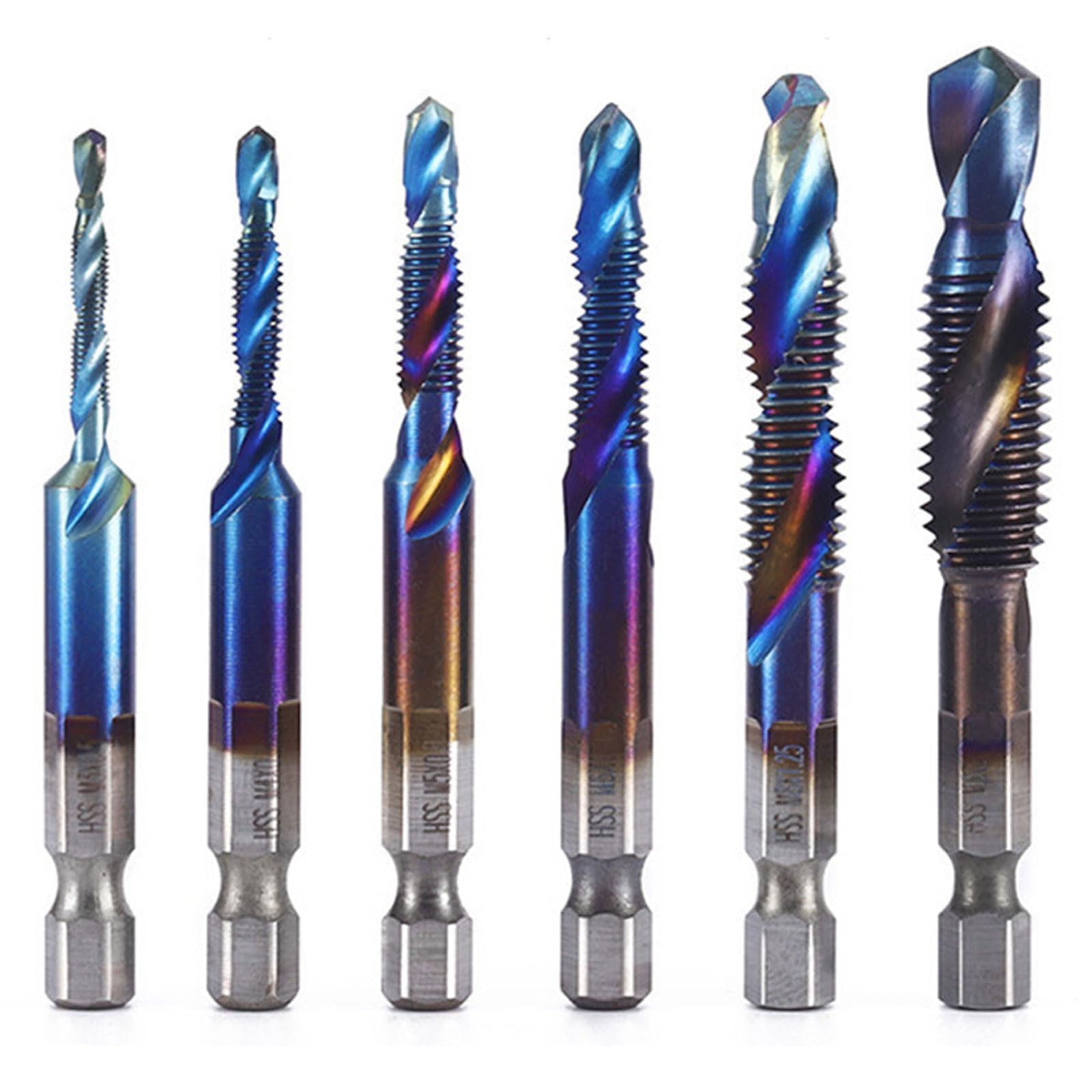 Yuiturt 6 Pcs HSS Tap and Drill Bit Set - M3/4/5/6/8/10 Metric Threading Tools, Spiral Point Coarse Screw Taps with 1/4" Hex Shank Blue Coated Spiral Screw Thread Tapping Tools for Drilling，Chamfering