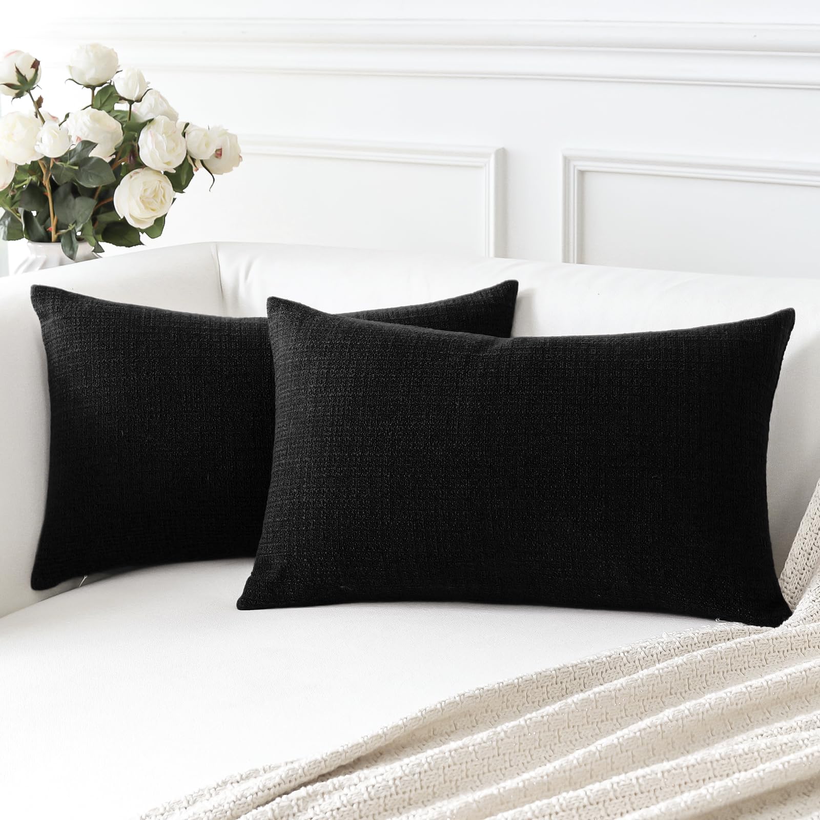 Artscope Black Cushion Covers Set of 2 Linen Decorative Square Pillowcases Pillow Covers 40x60cm for Home Decor Sofa Bedroom Car (Black, 16x24)