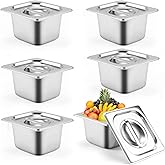 6 PCS Stainless Steel Pan Steam Table Pans 1/6 Size 4" Deep Stainless Steel Hotel Pan with Lid Restaurant Food Storage Containers with Lids Hotel Pans with Lids for Home Party Restaurant Hotel Buffet