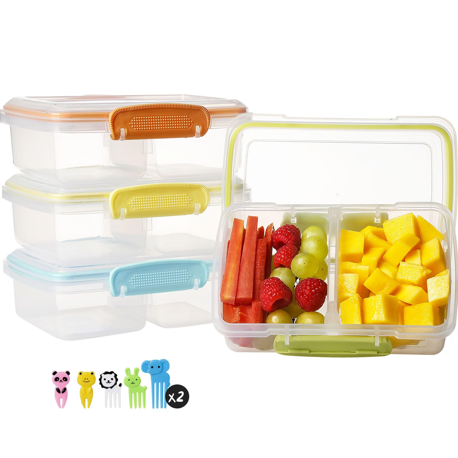 Photo 1 of 4 Pack Plastic Snack Containers with Lids, 2 Compartment Food Container for Kids Snack Box, Travel Bento Lunch Containers with forks for Fruits/Candies, Divided Food Storage Containers for School