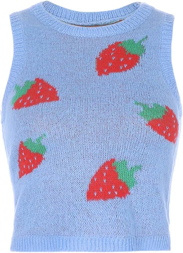 Yanarno Women's Strawberry Pattern O Neck Sweater Vests Knitted Crop