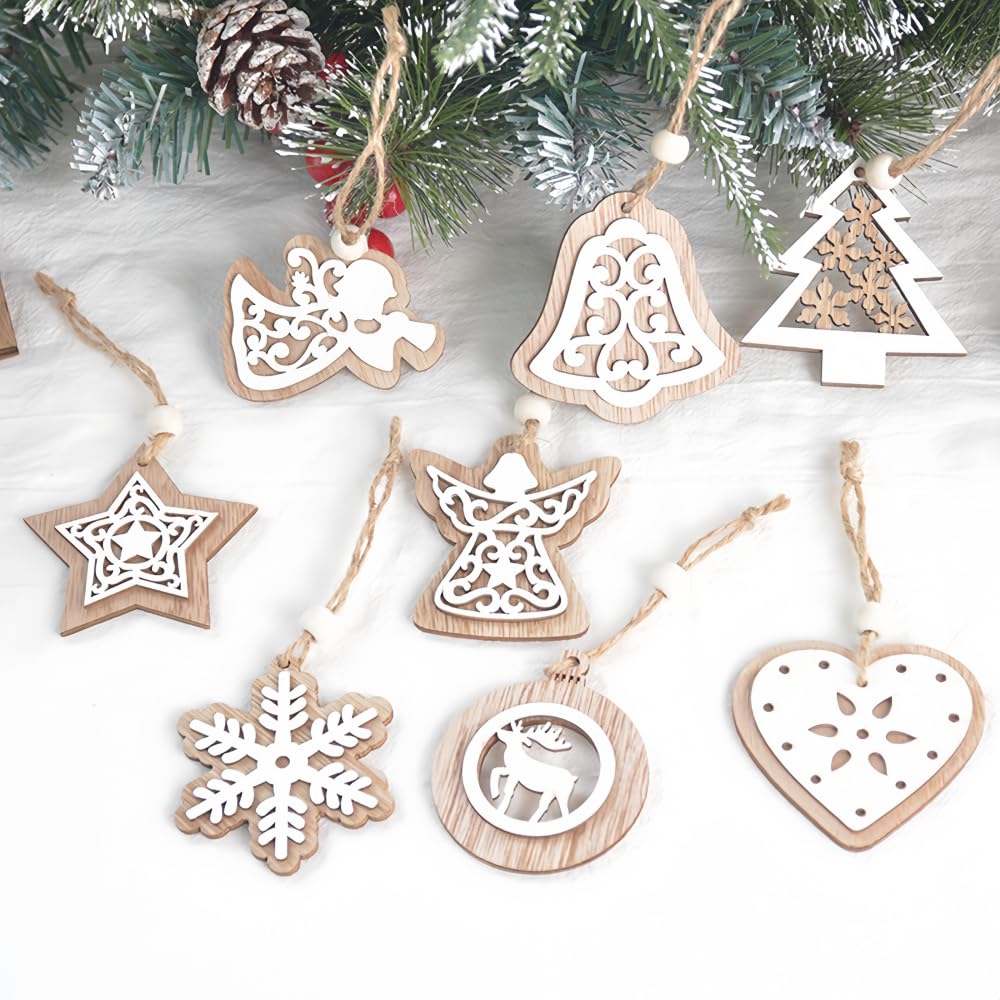 Wooden Christmas Tree Decorations - 8 Pc Set, Including Trees, Baubles for Home & Party Decor