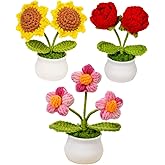 Wishwell Pop 3pcs Crochet Flowers, Red Rose Sunflower Daisy Knitted Flowers Pots for Office Car Dashboard, Cute Desk Décor, Mothers Day Valentines Day Birthday Gifts
