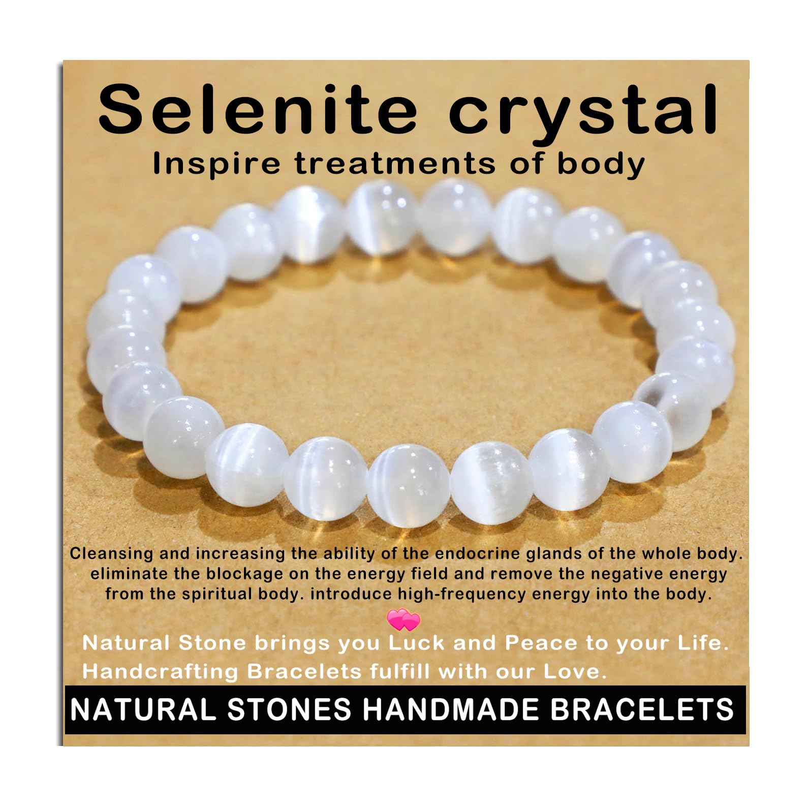 Photo 1 of AD Beads Handmade Gemstone Stretch Elastic Bracelet Crystal Healing Reiki Nature's Beauty and Spiritual Essence Unisex (8mm, Selenite Crystal (Inspire treatments))