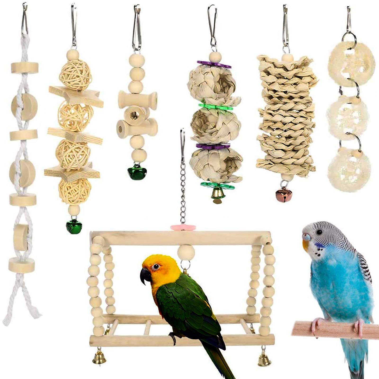 Yorgewd 7 Pack Toy Natural Wood Small Bird Cage Toys & Swings for Budgies, Small Parakeets, Conures, Love Birds, Cockatiels, Finches