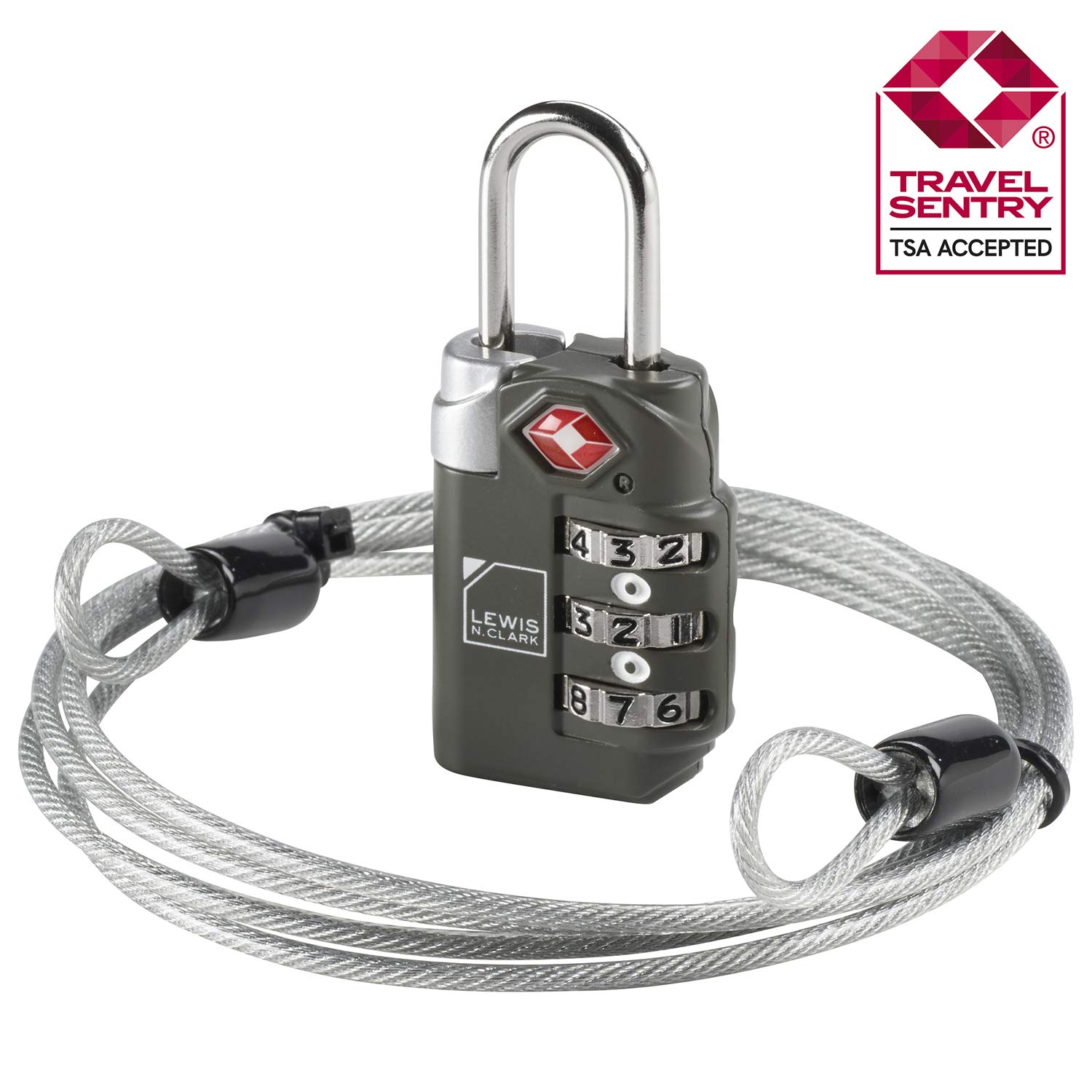 TSA-Accepted Luggage Locks with TravelSentry: 3-Dial Combination Lock + 48in Coated Steel Cable, the Smartest Safety Lock on the Market - Grey