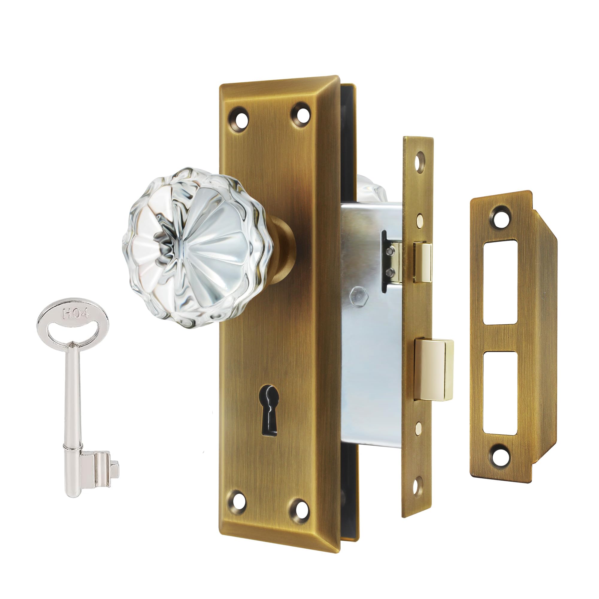 Photo 1 of ToPToToo Mortise Lock Set Interior Door, Crystal Glass Door Knobs with Lock and Skeleton Key, Old Door Knob Replacement, Vintage Antique Door Handle, Antique Brass Finish