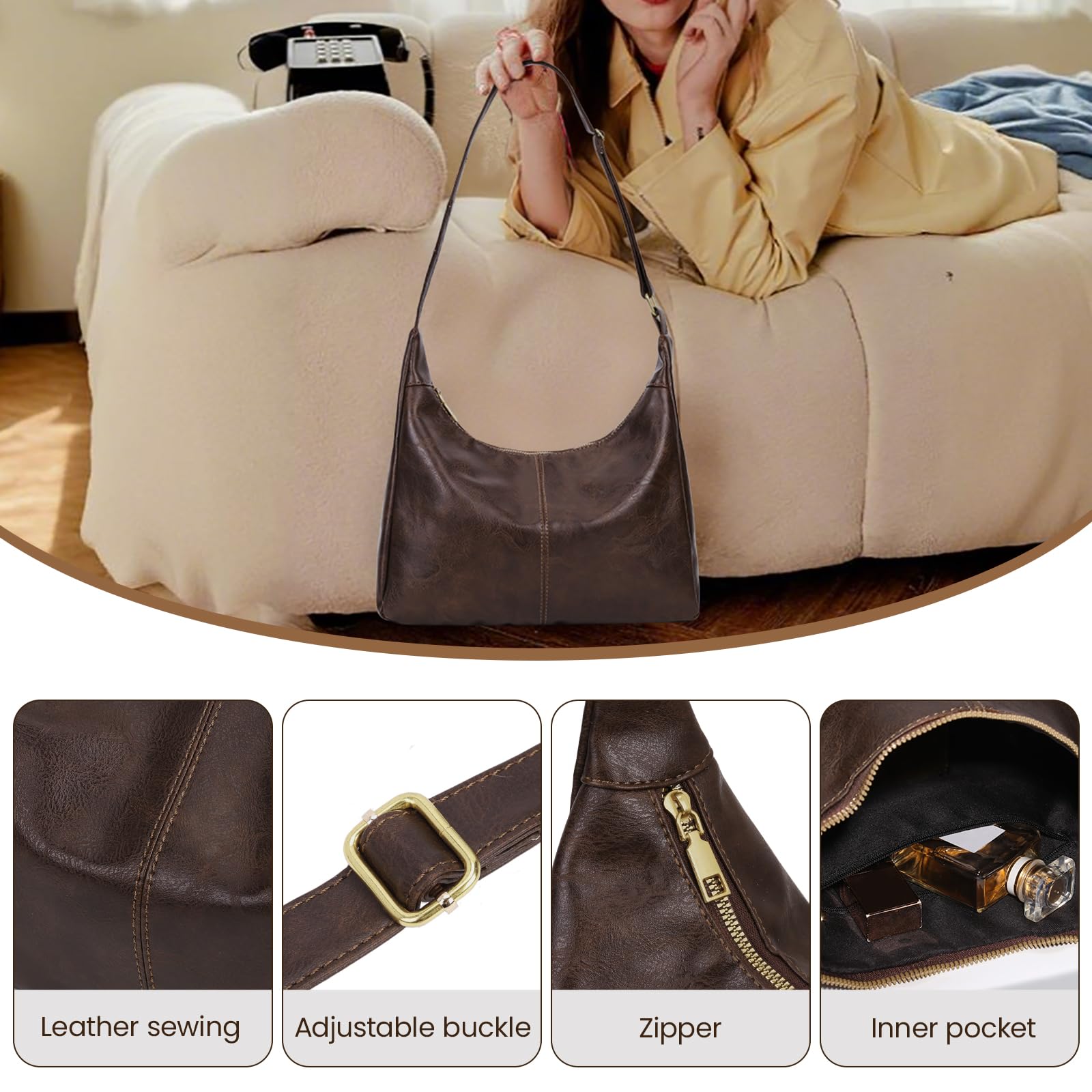 Slouchy Hobo Bags for Women,Brown Leather Shoulder Bag Everyday Purse Daily Commuting Bag Fall Handbags 2025