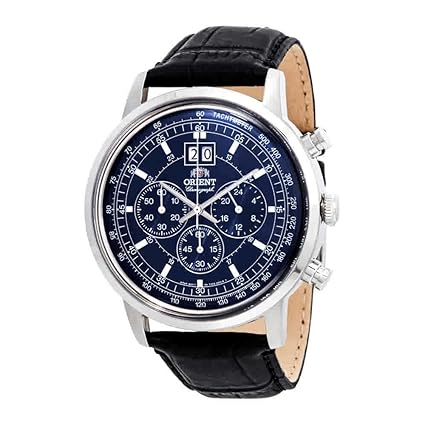 Mens 45mm Black Leather Band Steel Case Quartz Blue Dial Analog Watch Ftv02003D0