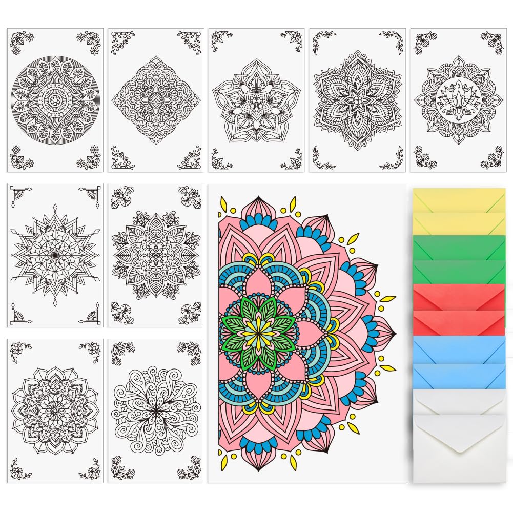 AHANDMAKER Art Coloring Greeting and Thank You Note Cards, 10 Coloring Cards about Flower Mandala Art with 5 Colors 10Pcs Envelopes Included (8x6 inch)