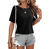 Dokotoo Women's Casual Crewneck Short Sleeve Hollow Out Lace Shirts Summer Eyelet Tunic Tops Blouses