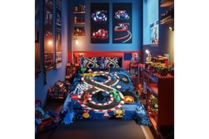 CASTLE FAIRY Racing Track Boys Car Bed Comforter Sets,Twin Cars Bedding Set Teens Cartoon Extreme Sports Quilt Set for Bedroom Decoration,Car Lover Bedding,Cool Speed Bedding Comforter Set Kids Quilt Comforter