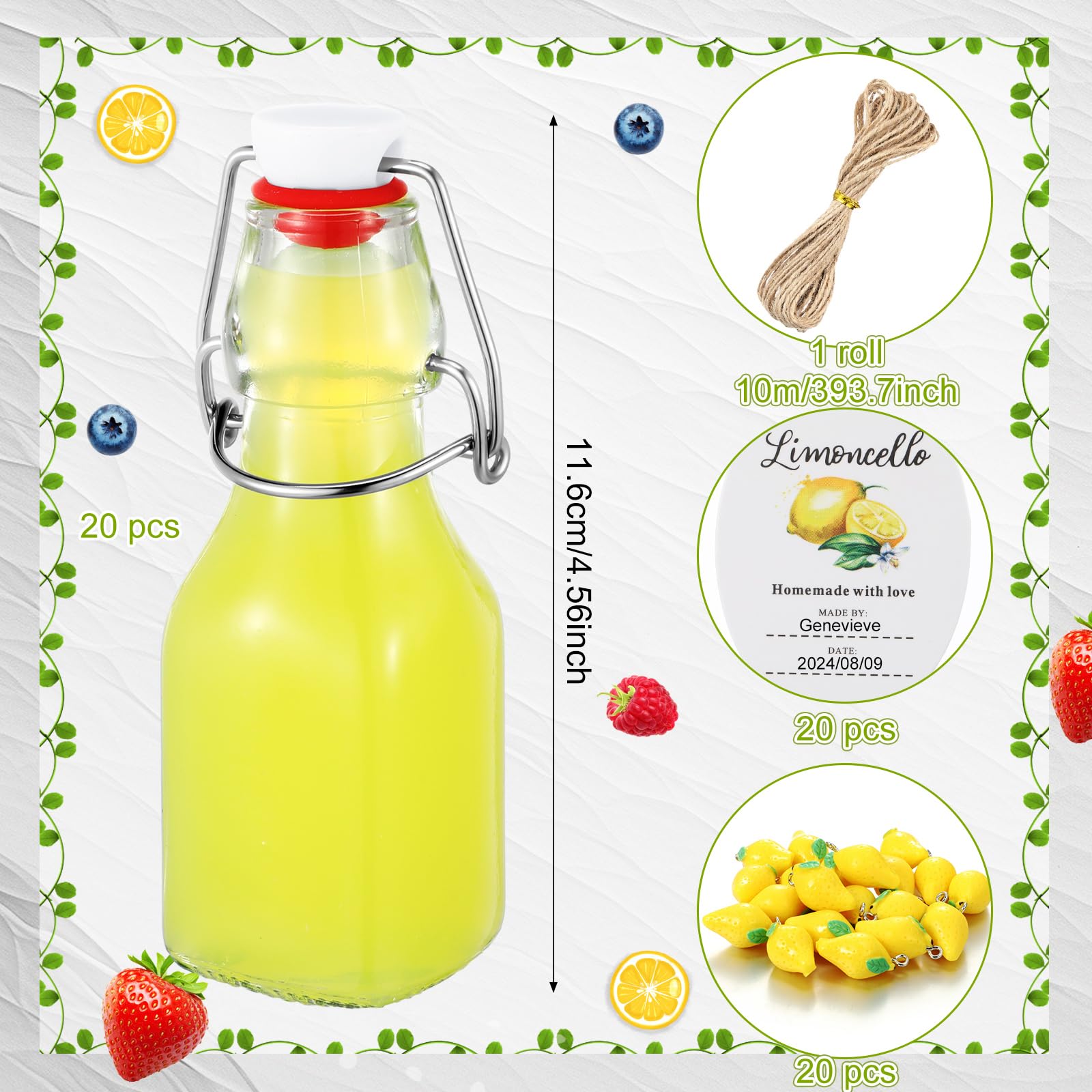 Condition photo showing New/Like New for 20 sets mini limoncello bottles for party favors,4oz,one lemon | swing top glass with tags twine, 2oz, ideal as table centerpieces baby shower christmas wedding favors homemade drinks 4oz one lemon