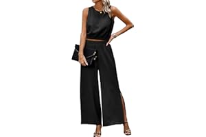 AOVDE Women's 2 Piece Outfits - Summer Sleeveless Tank Crop Top Slit Wide Leg Pants Lounge Matching Set with Pockets