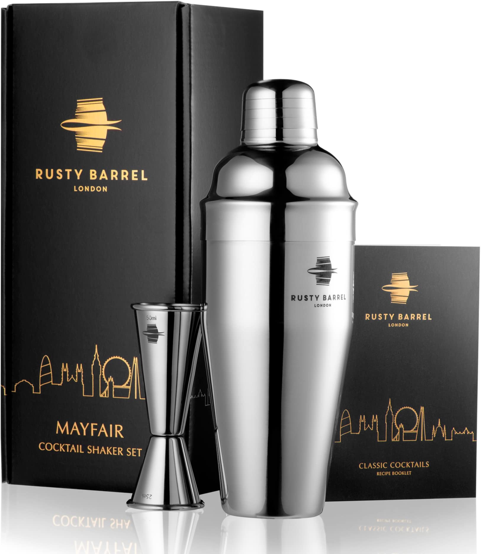 Rusty Barrel Mayfair Cocktail Shaker Set - Large 750ml Manhattan Style Stainless Steel Shaker With Built-in Strainer, 25/50 Double Jigger & Cocktail Recipe Booklet | Presented in a Beautiful Gift Box