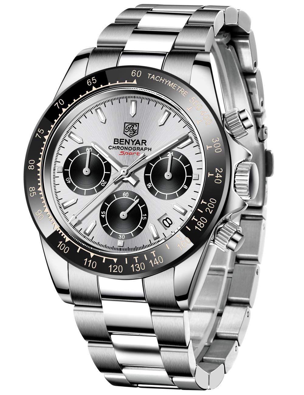 Men's Watch BENYAR Quartz Movement Wrist Watch Analog Chronograph Business Waterproof and Scratch Resistant Stainless Steel Strap Leisure Sports Watches for Men（White Black）