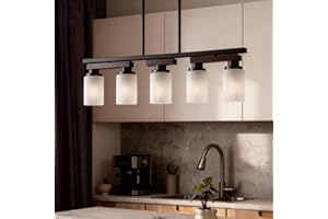 GHCKER 5-Light Kitchen Island Lighting & Farmhouse Dining Room Light Fixtures Over Table, Adjustable Rustic Ceiling Hanging Pendant Linear Chandelier - Rotating Design, Customizable Shapes, Milk Glass