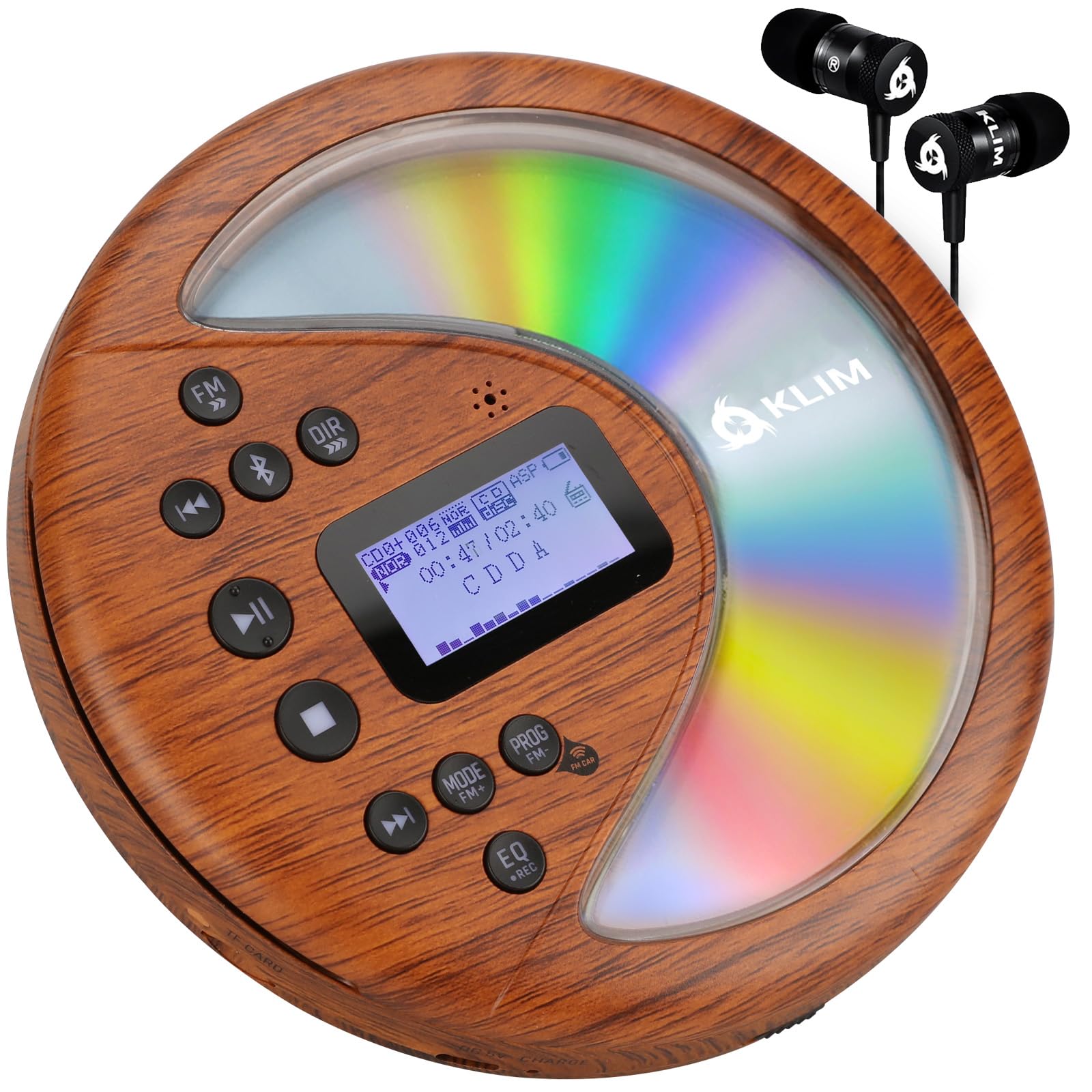KLIM Discover Wood + Portable CD Player Walkman with Long-Lasting Battery + New + with Headphones + Radio FM + MP3 CD Player Portable + SD Card, FM Transmitter, Bluetooth + Ideal for Cars