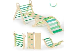 BlueWood Pikler Triangle Set, Toddler Wooden Climbing Toys Indoor 7in1 Foldable Climber for Kids, Montessori Philosophy Play Jungle Gym with Arch, Ramp, Ladder (Green Summer)
