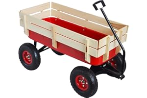 Sanch Ancha Heavy Duty Steel Wooden Side Support Cargo Wagon with 10” All-Terrain Air Tires, Up to 176lb Haul Capacity, Effortless Foldable Handle Cart for Towing Kids Toys, Gardening Supplies (Red)