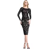 Dress The Population Womens Emery Long Sleeve Stretch Sequin Midi Sheath Ddr147