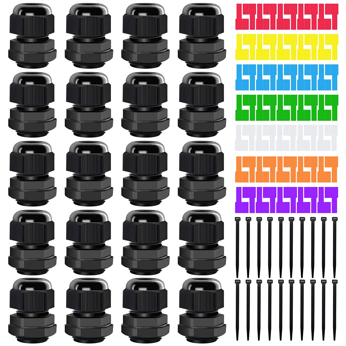 Youmile 20 Pcs PG11 Waterproof Cable Gland IP68 Adjustable 5-10mm Nylon Plastic Seal Wire Connector for Junction Box with 7 Pcs Cable Labels, 20 Pcs Wire Ties