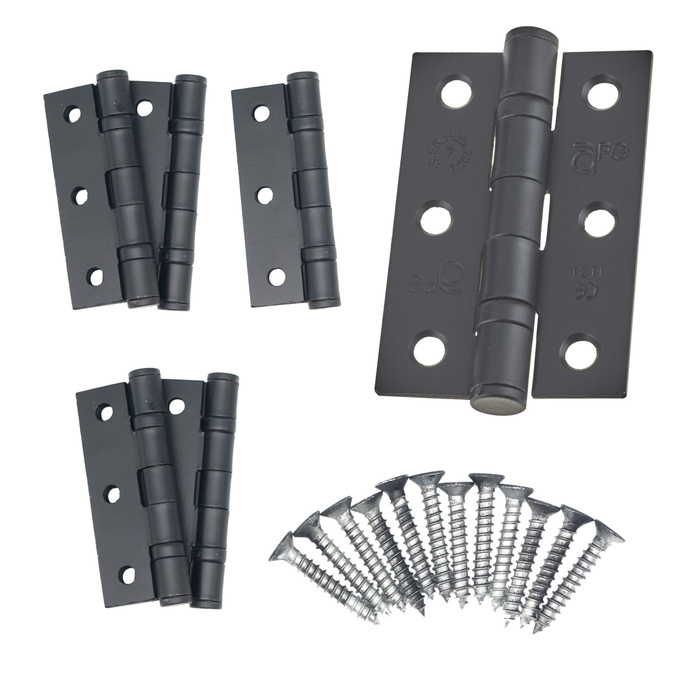 EAI Modern Black Metal Door Hinges 3 Inch / 76mm Ball Bearing 3 Pair Pack [6 Hinges & Screws]