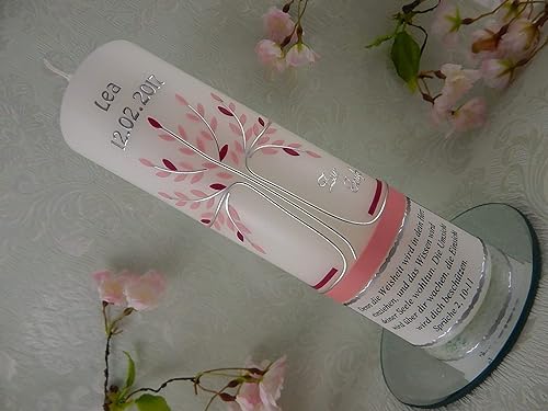 Taufkerze Lebensbaum Rosa Pink Silber Mit Spruch Taufspruch Taufkerzen Fur Madchen 250 70 Mm Inkl Beschriftung Amazon De Handmade