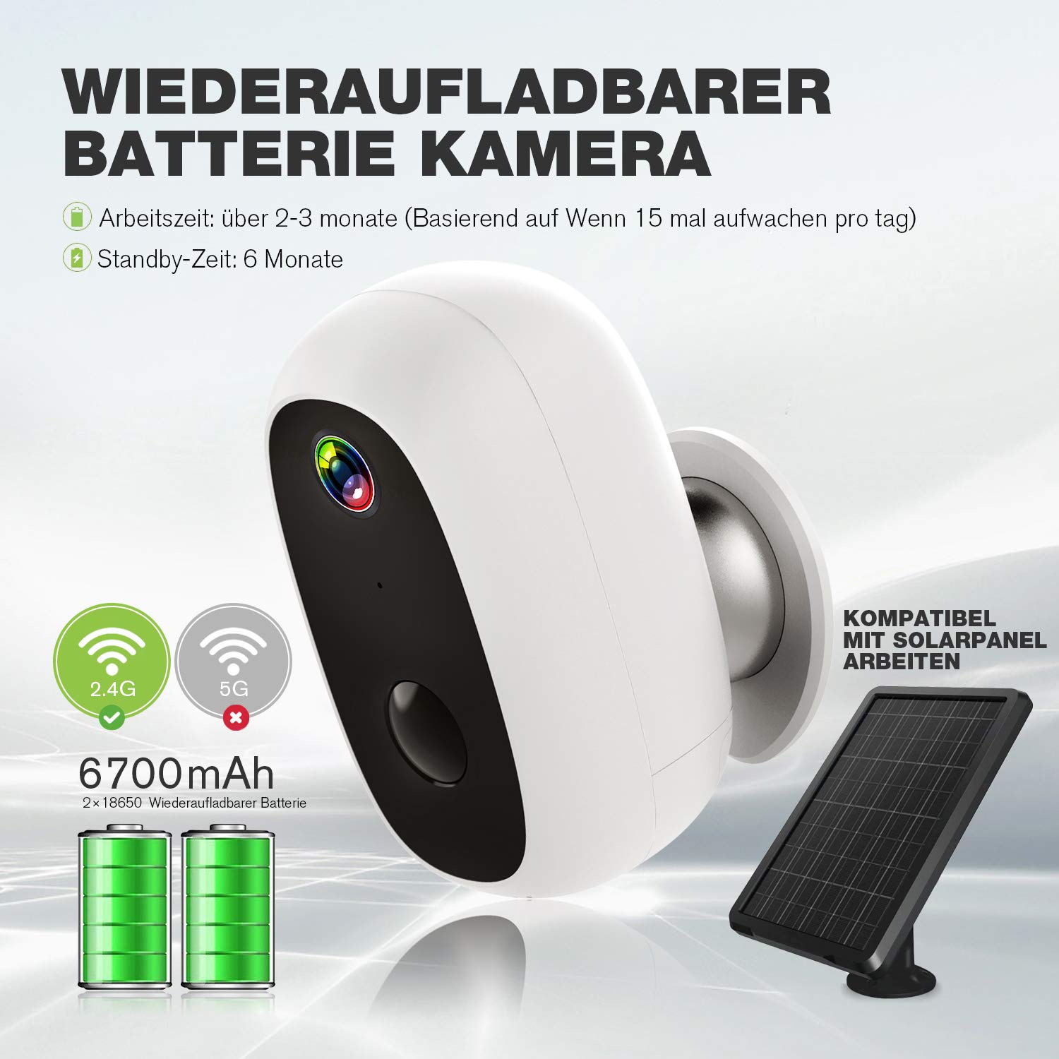 Überwachungskamera mit Solarpanel, 1080P Akku Kabellos Outdoor WLAN Kamera mit PIR-Bewegungserkennung, 2-Wege-Audio, Nachtsicht, integrierter SD-Steckplatz, IP65 wasserdichte