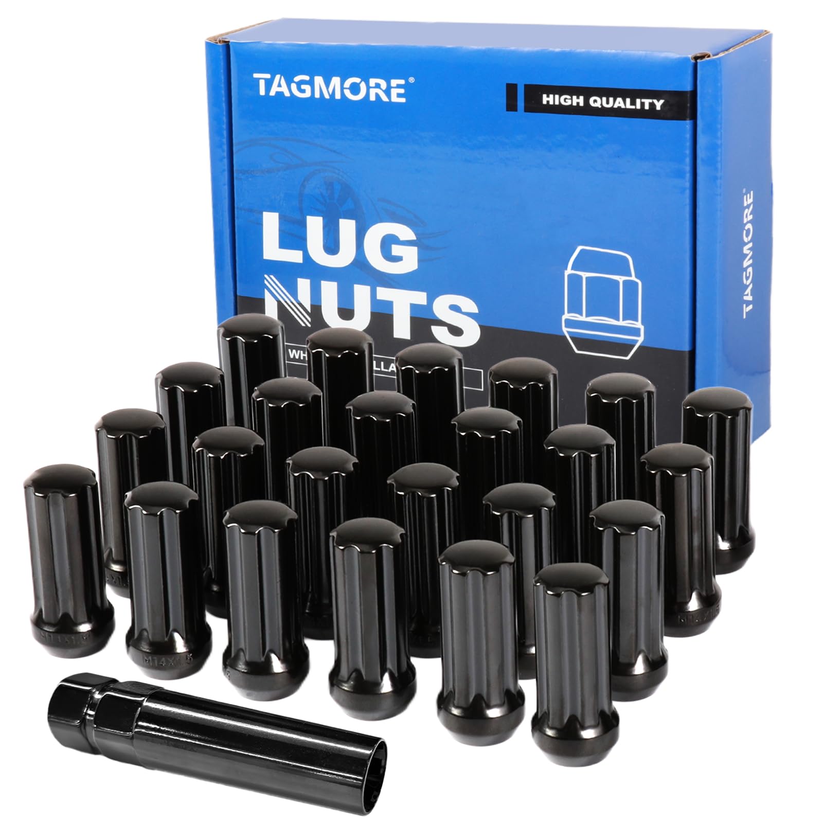 Photo 1 of TAGMORE 24pcs M14x1.5 Spline Lug Nuts - Compatible with Chevrolet Tahoe/Suburban/Silverado, GMC Yukon/Sierra 1500, Ford Expedition, One-Piece Design Factory Wheel Lug Nut Set with Socket Key (Black)