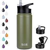 HASLE OUTFITTERS Insulated Water Bottle Kids 16 oz Double Wall Vacuum Stainless Steel Water Bottle Leak Proof for School Wide Mouth with Straw Lid & Spout Lid Keeps Cold and Hot(Army Green,1pack)