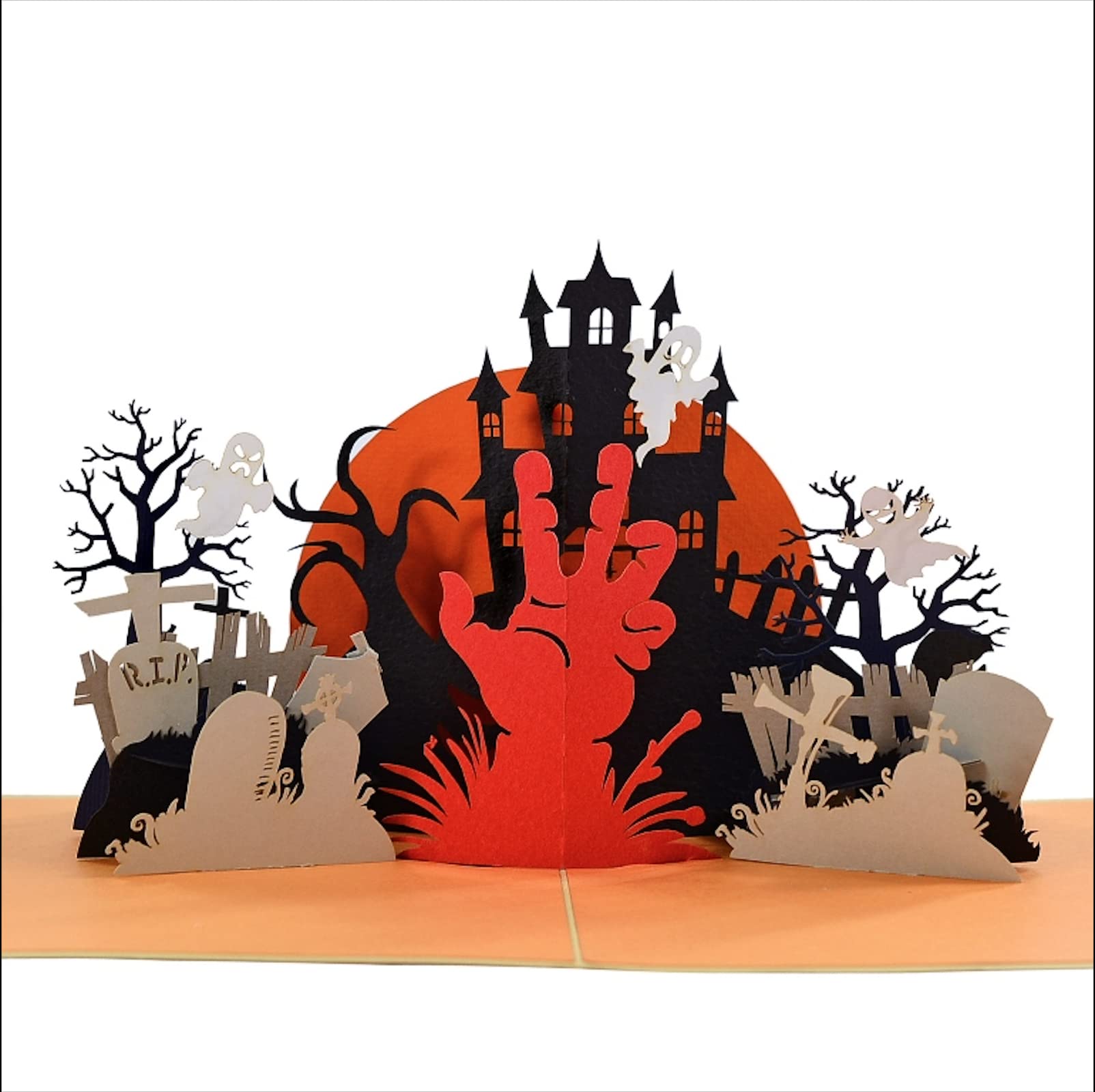Halloween Spooky Haunted House Graveyard Pop Up 3D card. A delightful halloween surprise greeting card for kids, children and family. For halloween decor, parties and trick or treating 15cmx15cm