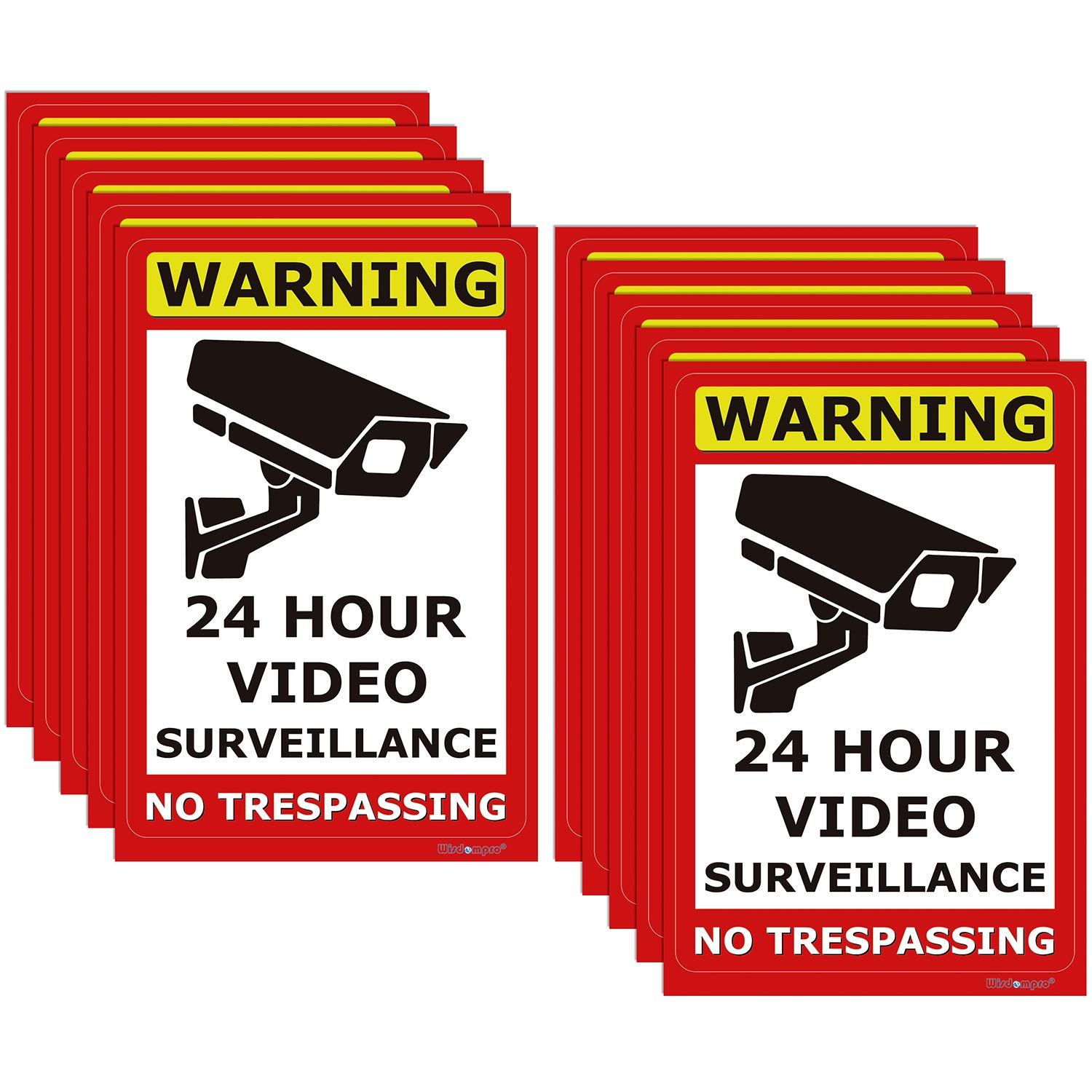 Wisdompro 10 Pack 24 Hour Video Surveillance Sign, CCTV Security Camera Sign, 4 x 6 Inch No Trespassing Warning Sticker, Indoor or Outdoor Use for Home, Business - UV Protected & Waterproof