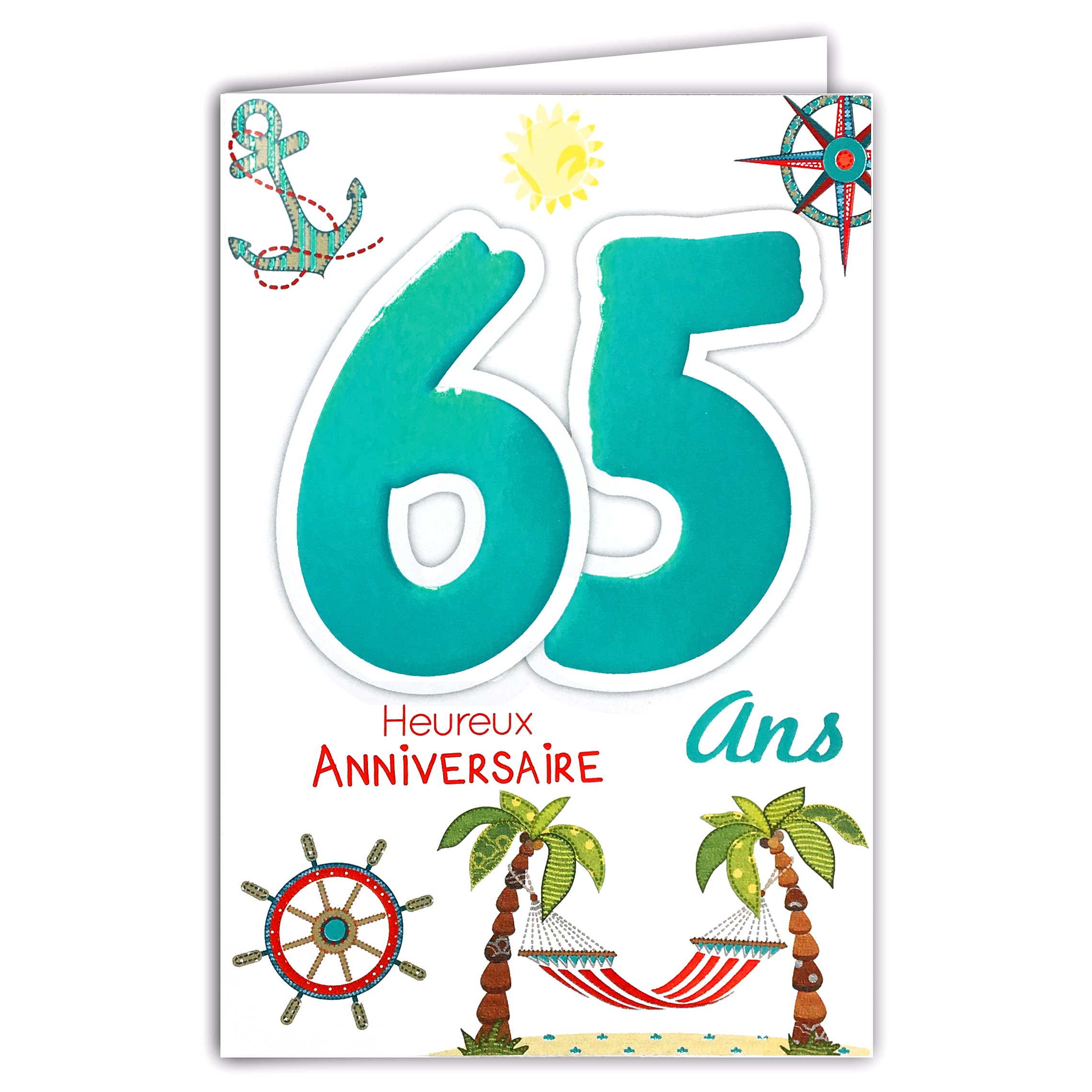 MV 69-2039 Age 65 Birthday Card Man's Rest Vacation Palm Trees Hammock Retirement Anchor Rudder Compass with Sun