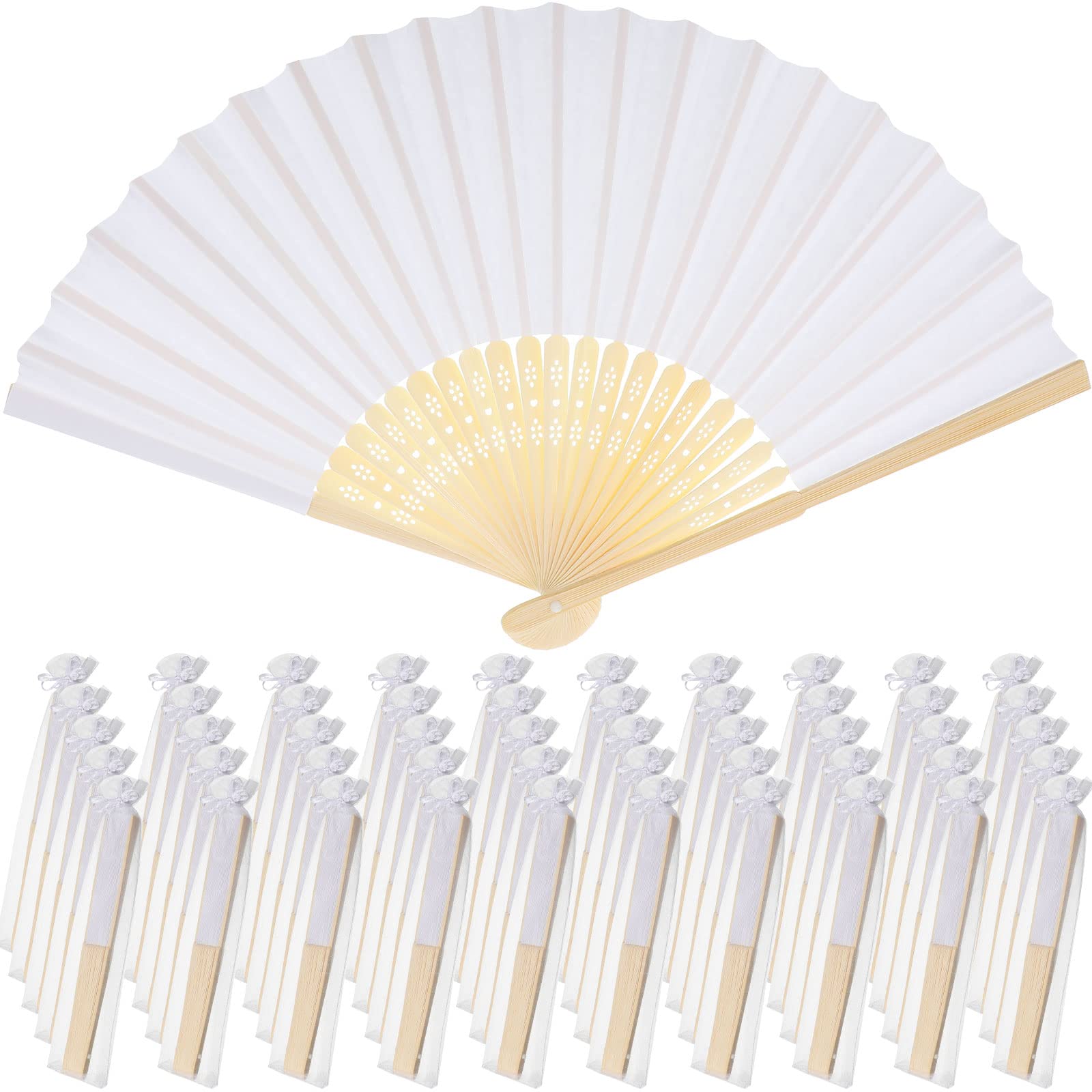 Photo 1 of Yookeer 100 Pieces White Fans for Wedding White Paper Fan Bamboo Hand Folding Fans DIY Folded Handheld Fan with Organza Bags for Church Wedding Gifts Party Favors Dancing Home Decoration