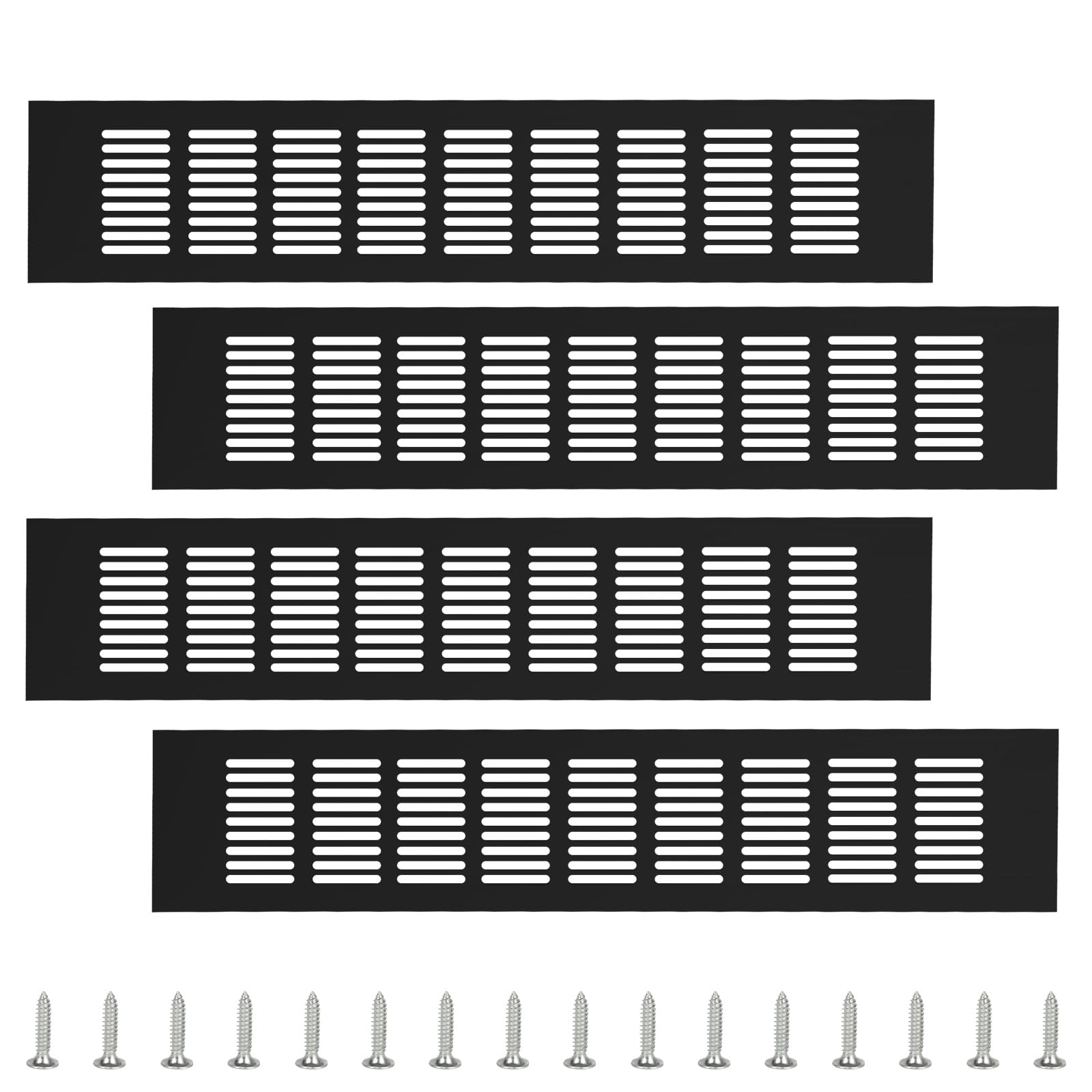 APACALI 4PCS 80x400mm Air Vent Grille Cover, Black Aluminium Ventilation Grille, Kitchen Plinth Vent Grill with Screws, Black Air Vent Cover for Cupboard, Wardrobe, Cabinet Ventilation