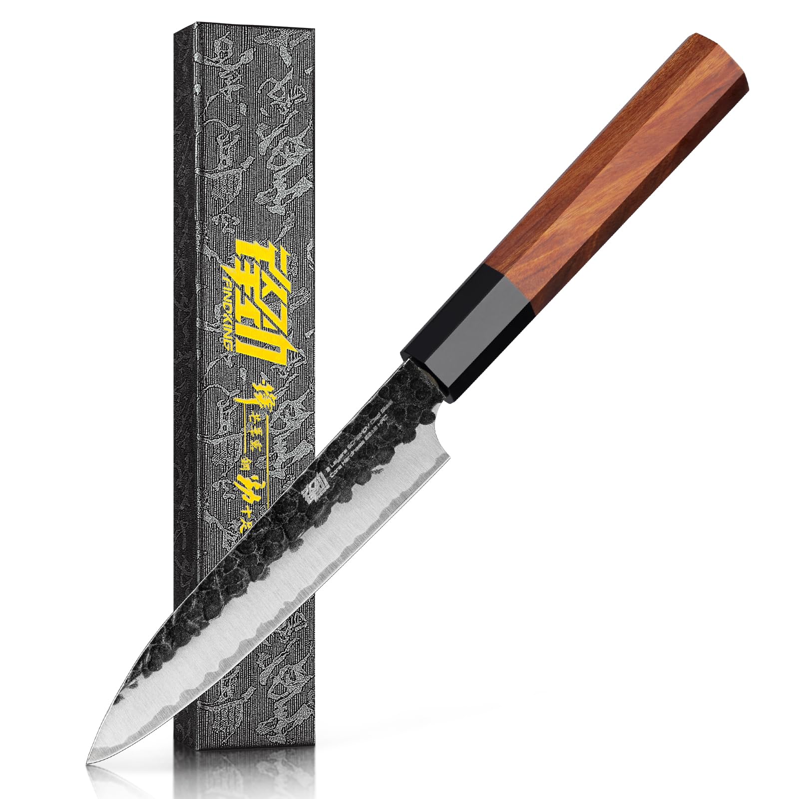 FINDKING Dynasty Series Kitchen Utility Knife, Multi-Purpose Japanese Paring Knife, 9Cr18MoV High Carbon Steel Blade, African Rosewood Octagonal Handle, Small, for Fruits Vegetables, 5 Inches/12 CM