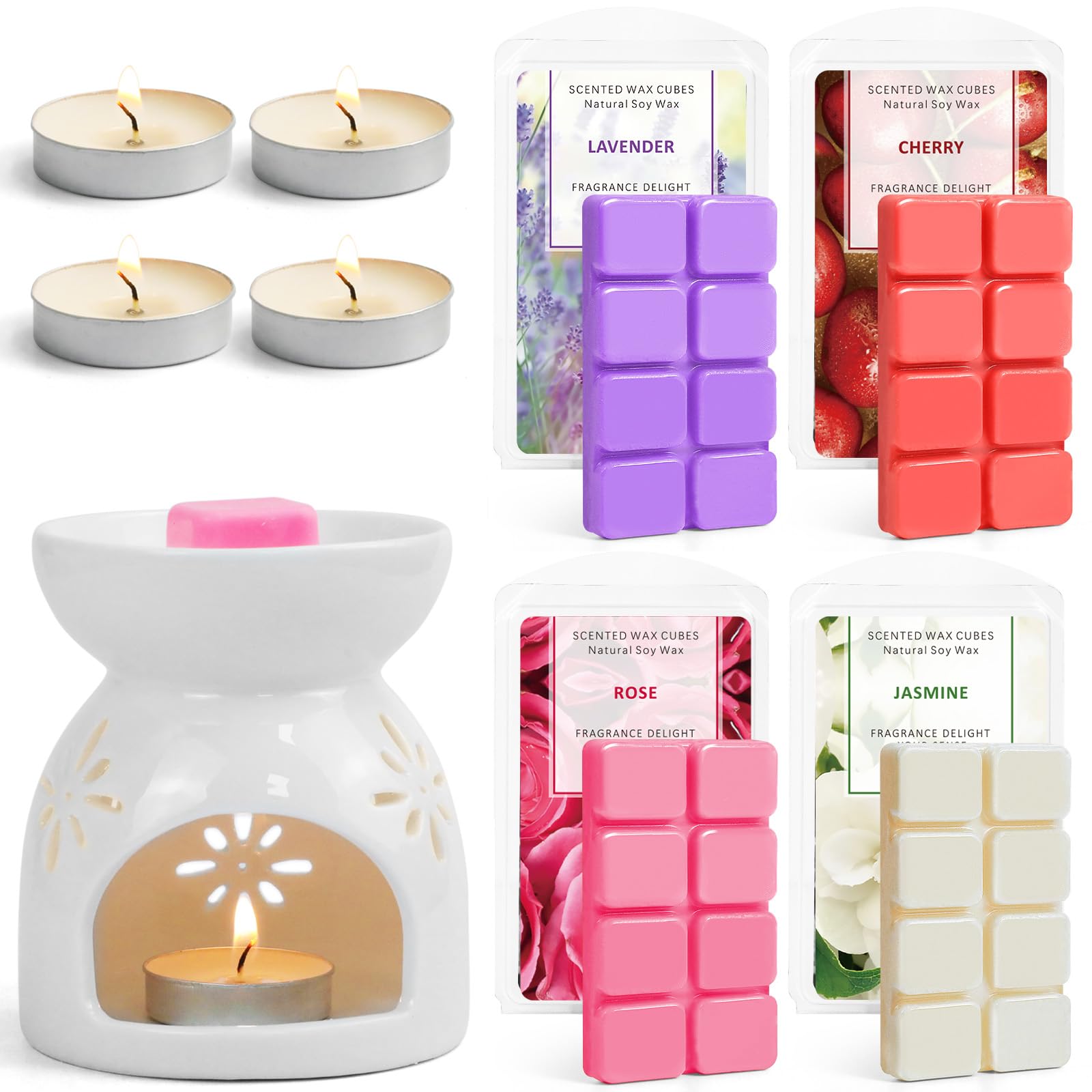 SCENTORINI Wax Melt Burner, Scented Oil Burner with 4 Scented Soy Wax Melts, Oil Burner for Wax Melts, Candle Wax Burner, Ceramic Oil Burner, Wax Melts Gift Set for Birthday, Mother's Day