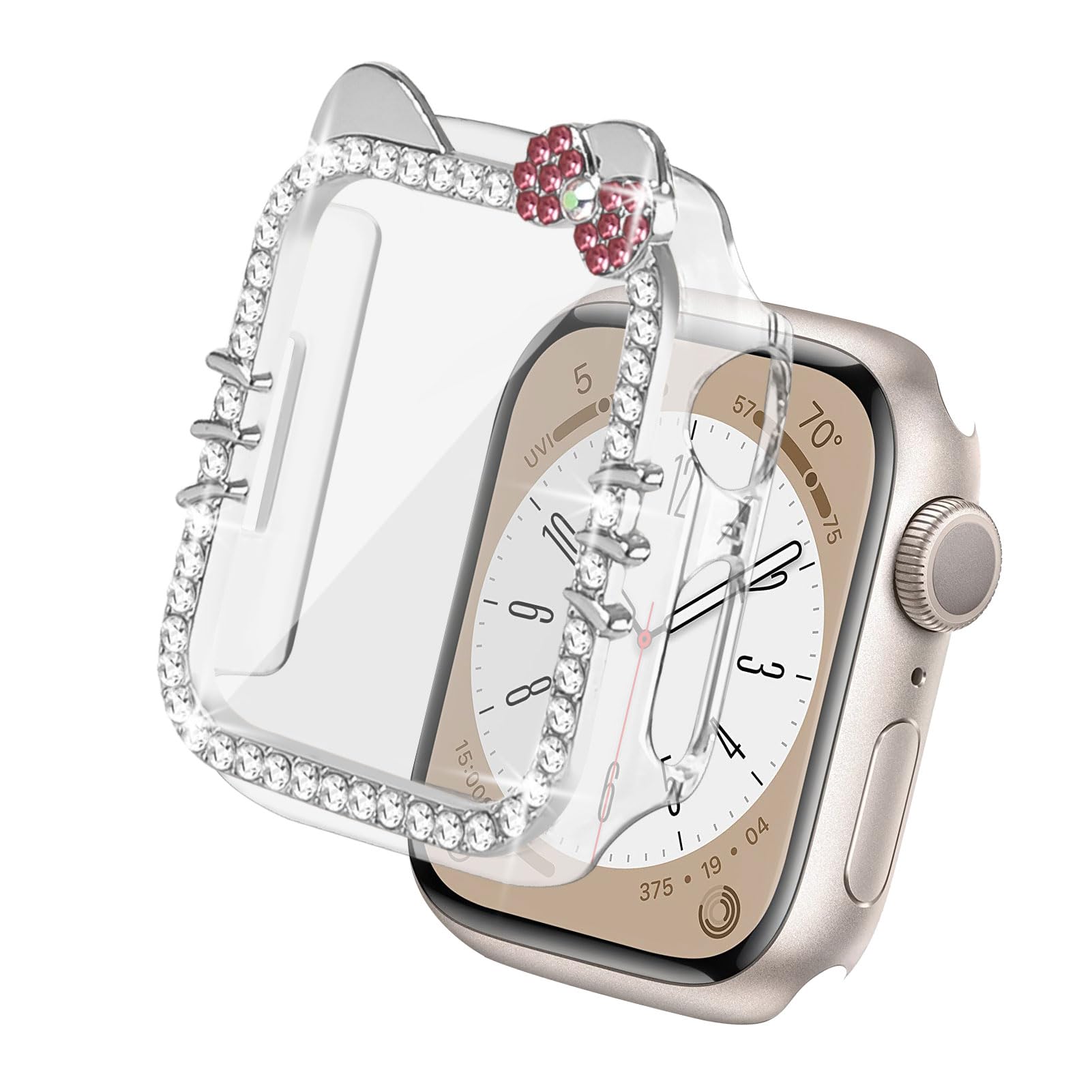 Watbro Cartoon Bow Cat Bling Case for Apple Watch SE/Series 9/8/7/6/5/4 44mm 45mm with Tempered Glass Screen Protector, Crystal Diamond Full Cover Protective Case for Iwatch S9 S8 S7 44mm Accessories