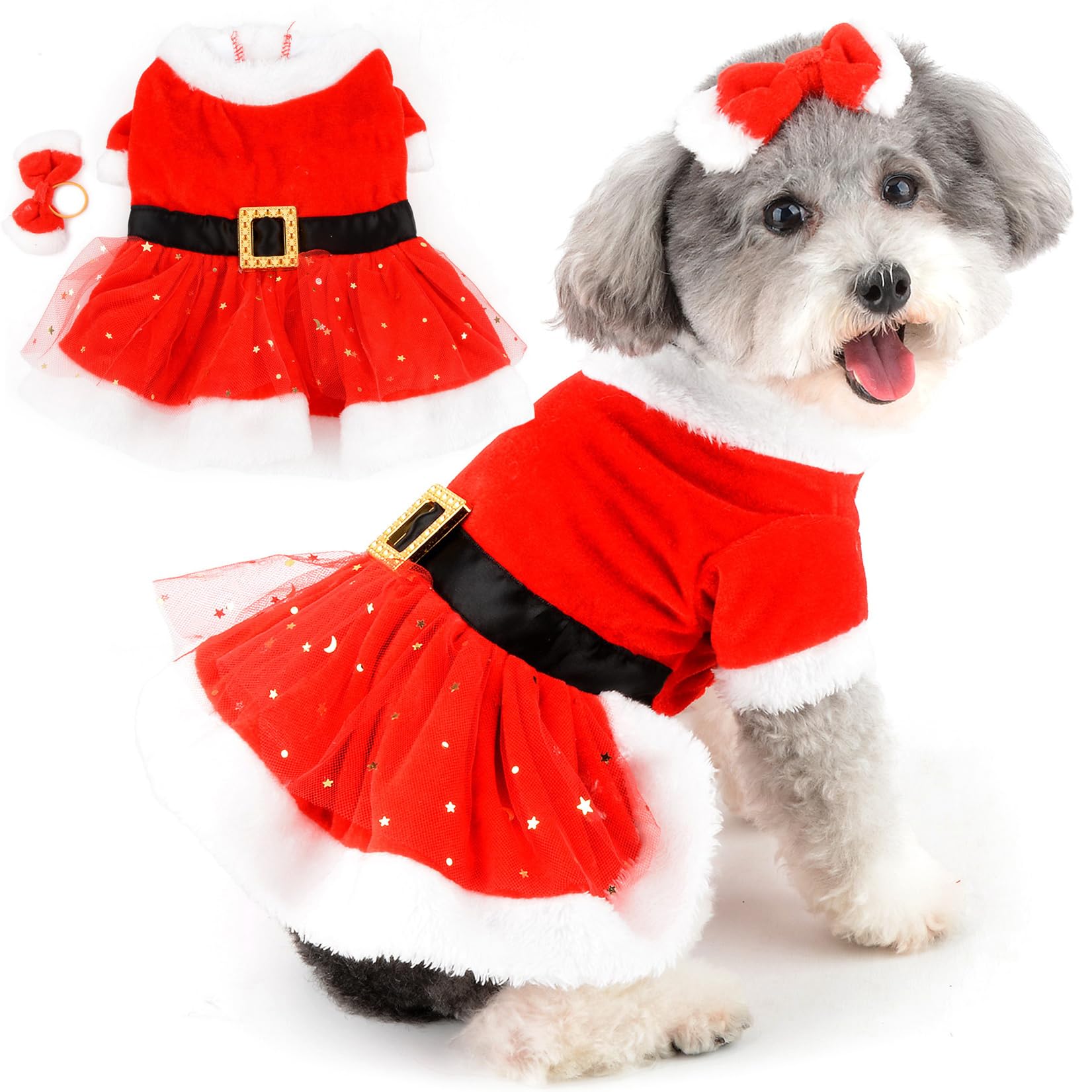 Zunea Christmas Dog Dresses for Small Dogs Girl Winter Xmas Puppy Princess Dress with Belt & Cute Bow Knot Hair Ties Fleece Lace Pet Skirt Santa Claus Costumes Chihuahua Yorkie Clothes Outfits Red S