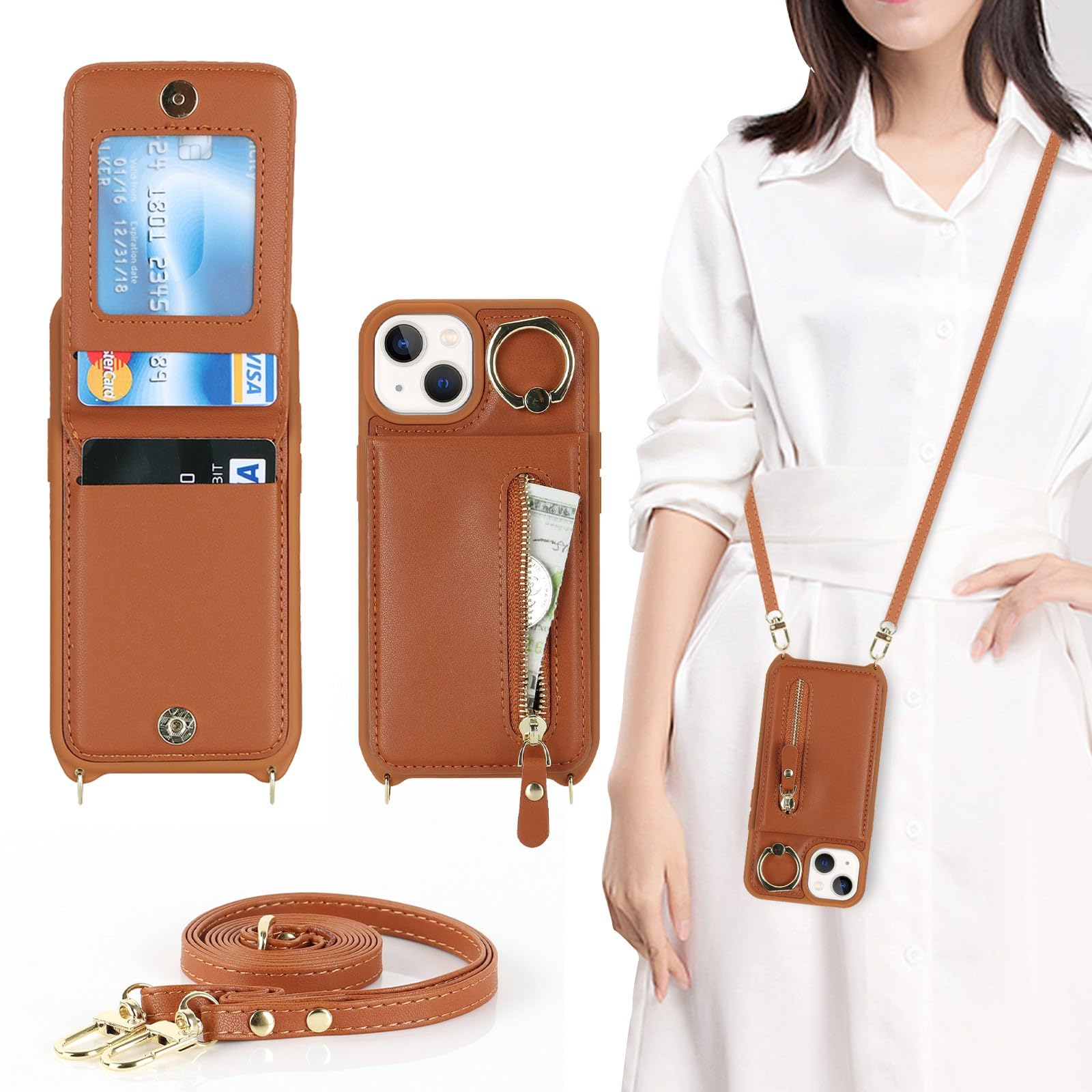 Zouzt for iPhone 13 Mini Case with Cord and Card Holde, Zipper Wallet Case with Crossbody Lanyard Ring Adjustable Necklace Protective Cover Women for iPhone 13 Mini 5.4 Inch - Brown
