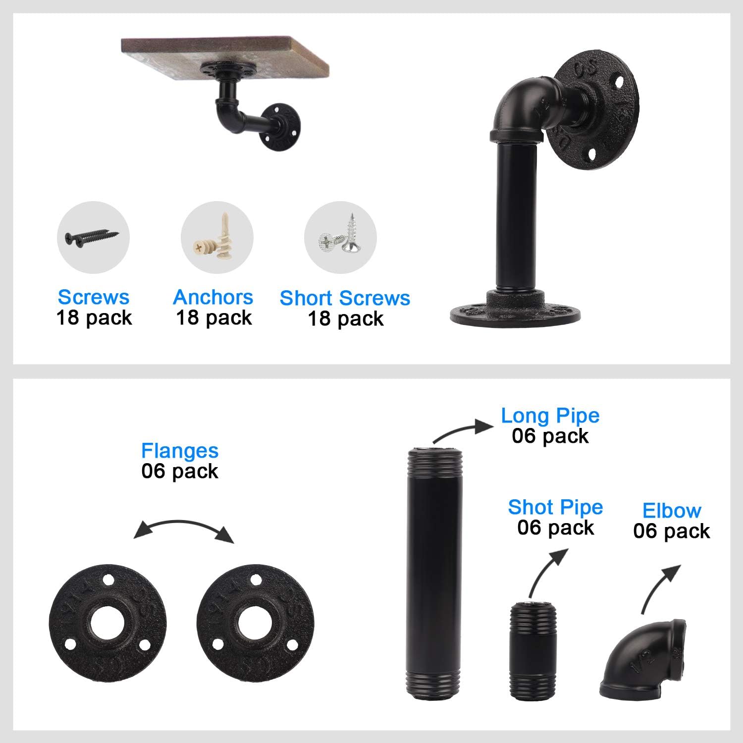 EQUASON Set of 6 Industrial Iron Rustic Pipe Custom Floating Shelves DIY Shelf Brackets Black Hardware Included: Home Improvement